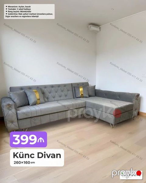 Künc divan – 260×160 sm - Mexanizm: açılan, bazalı (yataq funksiyalı — Bakı