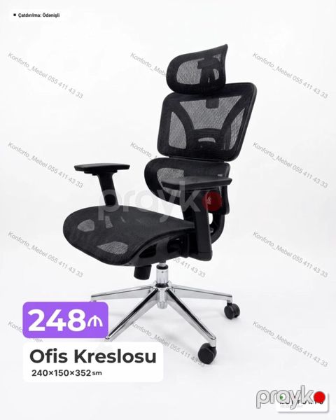 Ofis Kreslosu – erqonomik dizaynlı, qara rəng. Nəfəsalan mesh arxa və — Bakı