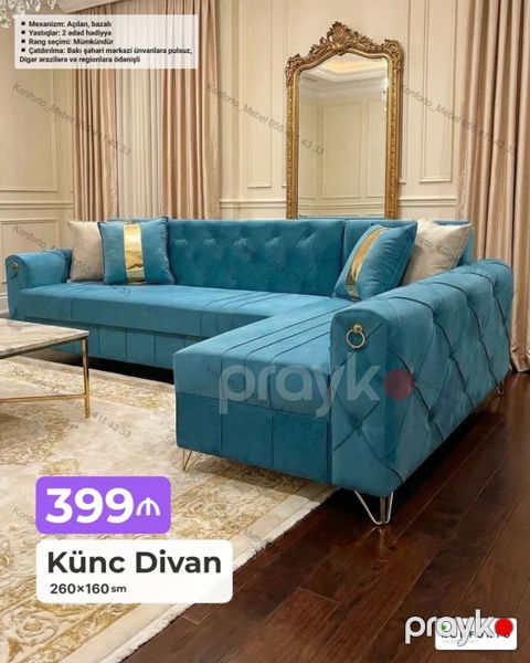 Künc Divan – 260×160 sm Mexanizm: açılan, bazalı (yataq və saxlama — Bakı