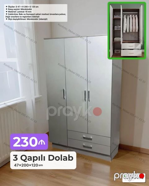 3 qapılı dolab – 47×200×120 sm - Ölçülər: Dərinlik 47 sm Hündürlük — Bakı