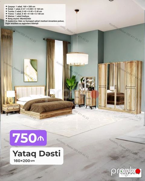 Yataq Dəsti – 160×200 sm Tərkibi: - Çarpayı: 1 ədəd, 160 200 sm — Bakı