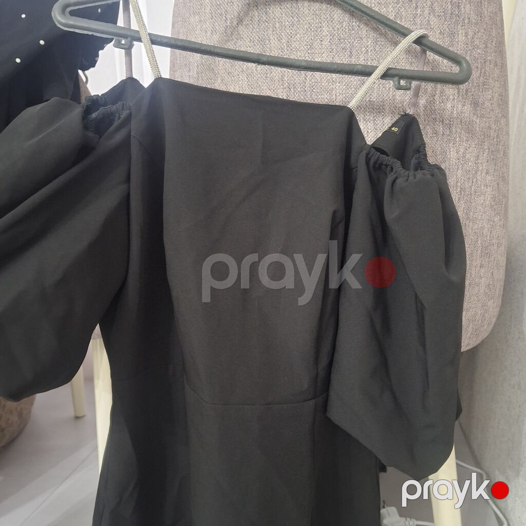 Qara rəngli uzun don - Model: off-shoulder (bir çiyin açıq), elastik — Axşam paltarları, Bakı (2)