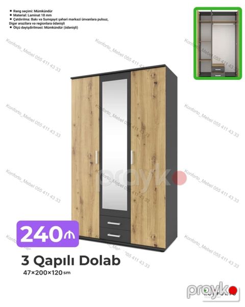 3 qapılı geyim dolabı Ölçü: 47×200×120 sm Xüsusiyyətlər: - Material — Bakı