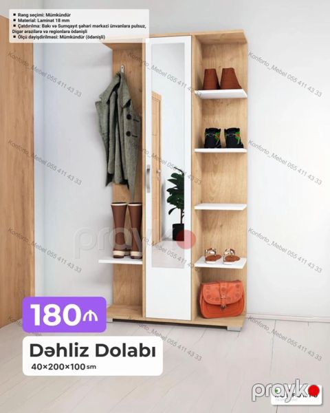 Dəhliz Dolabı – 40×200×100 sm - Dizayn: Ayna qapılı, açıq rəfli və — Bakı