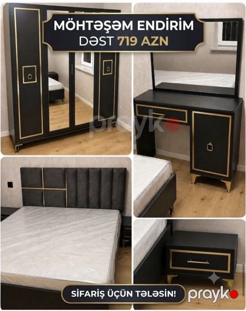 Yataq otağı mebel dəsti – qara və qızılı detallarla modern dizayn — Bakı
