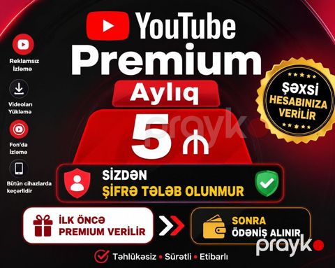 YouTube Premium xidməti – aylıq 5 Xüsusiyyətlər: - Reklamsız izləmə — Bakı
