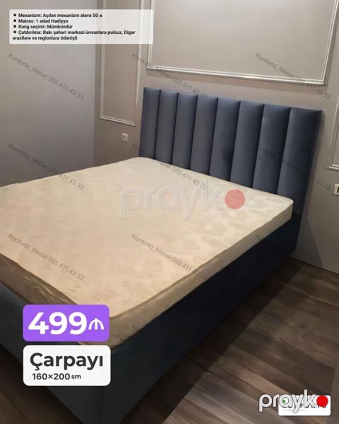 Məhsul: Çarpayı Ölçü: 160×200 sm Xüsusiyyətlər: - Yumşaq başlıq — Bakı