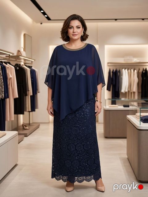 Tünd göy rəngdə zərif ziyafət geyimi — ikiqat dizayn: - Üst hissə — Qax