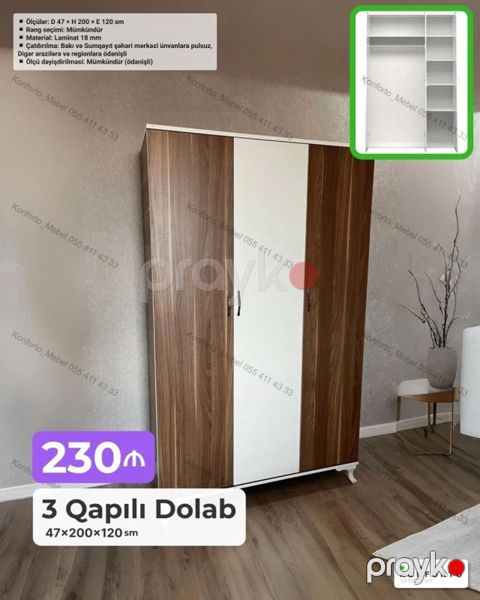 3 qapılı geyim dolabı - Ölçülər: 47 200 120 sm - Material: 18 — Bakı