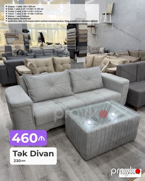 Tək divan – 230 sm - Rəng: açıq boz, teksturalı parça üzlük - Yumşaq — Bakı