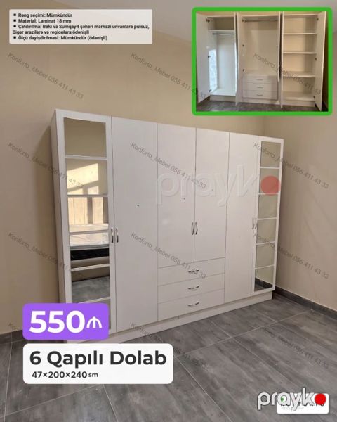 6 qapılı paltar dolabı — 47×200×240 sm - Material: 18 mm laminat — Bakı