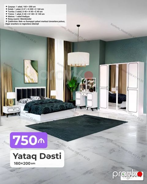 Yataq Dəsti – 160×200 sm Komplekt: - Çarpayı: 1 ədəd, 160×200 sm — Bakı