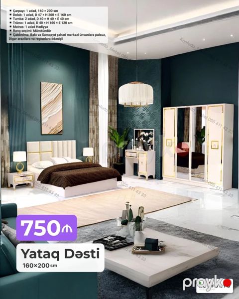 Yataq Dəsti – 160×200 sm Komplekt: - Çarpayı: 1 ədəd, 160×200 sm — Bakı