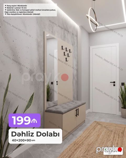 Dəhliz Dolabı – 40×200×90 sm - Funksional dizayn: iri güzgü, yumşaq — Bakı