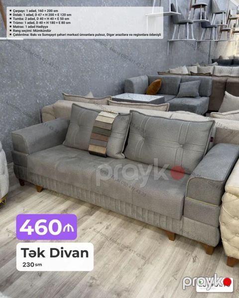 Tək divan – 230 sm - Rəng: Boz tonlarda, dekorativ tikişli yastıqlar — Bakı