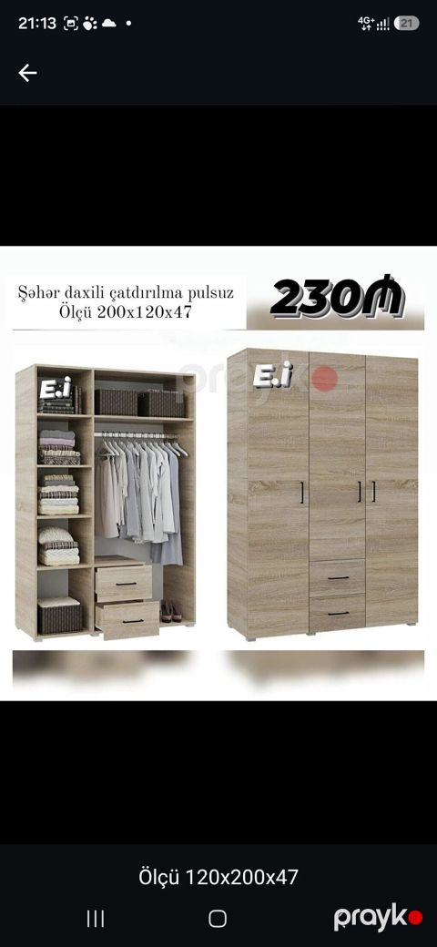 Üç qapılı paltar şkafı – ölçü 200x120x47 sm. Təbii ağac fakturalı — Mehdiabad