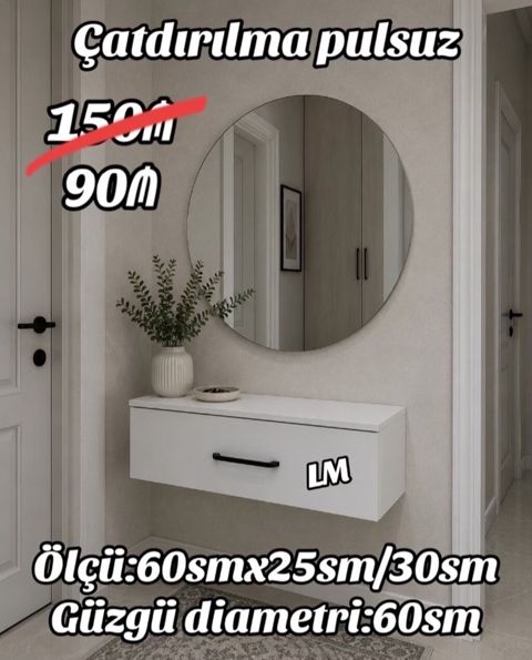Dairəvi divar güzgüsü və asma tualet masası dəsti. - Güzgü: dairəvi — sifaris_yeni_mebel_Gülü_Hüseyn — Mebel
