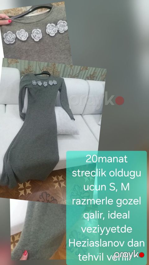 Trikotaj uzun don – boz rəngdə, uzunqol, yuvarlaq yaxalı. Sinə — Bakı