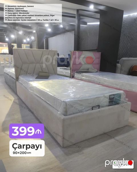 Çarpayı – 90×200 sm ölçü - Mexanizm: Açıqlmayan, bazasız - Sıyırma — Bakı