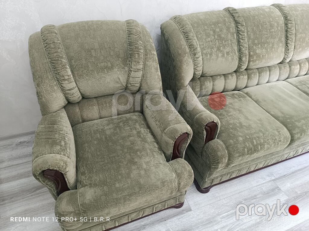 Yaşıl rəngli yumşaq mebel dəsti - Tərkibi: 3 yerlik divan + 2 ədəd — Yumşaq mobilya dəstləri, Mingəçevir (2)