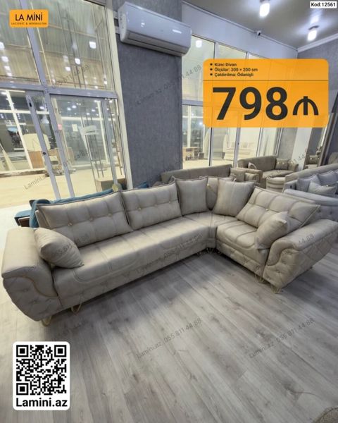 Məhsul: Künc divan Ölçü: 300 200 sm Rəng: Açıq boz (neytral ton) — Bakı