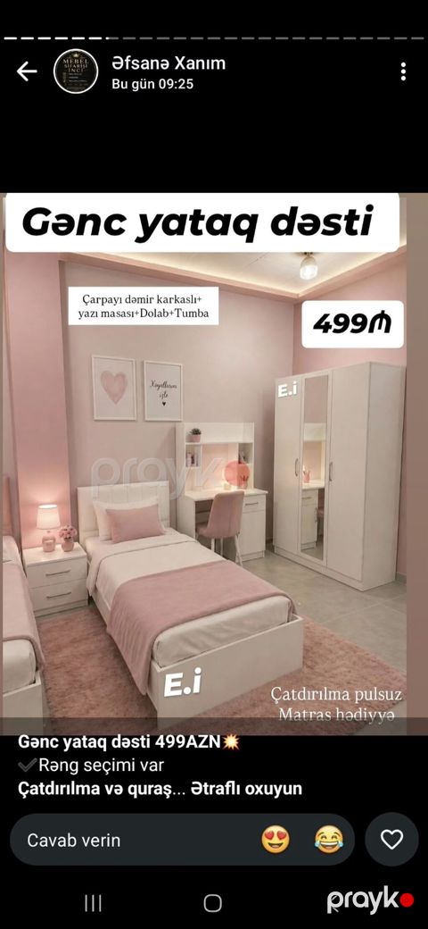 Gənc yataq dəsti Komplekt: - Dəmir karkaslı çarpayı - Yazı masası