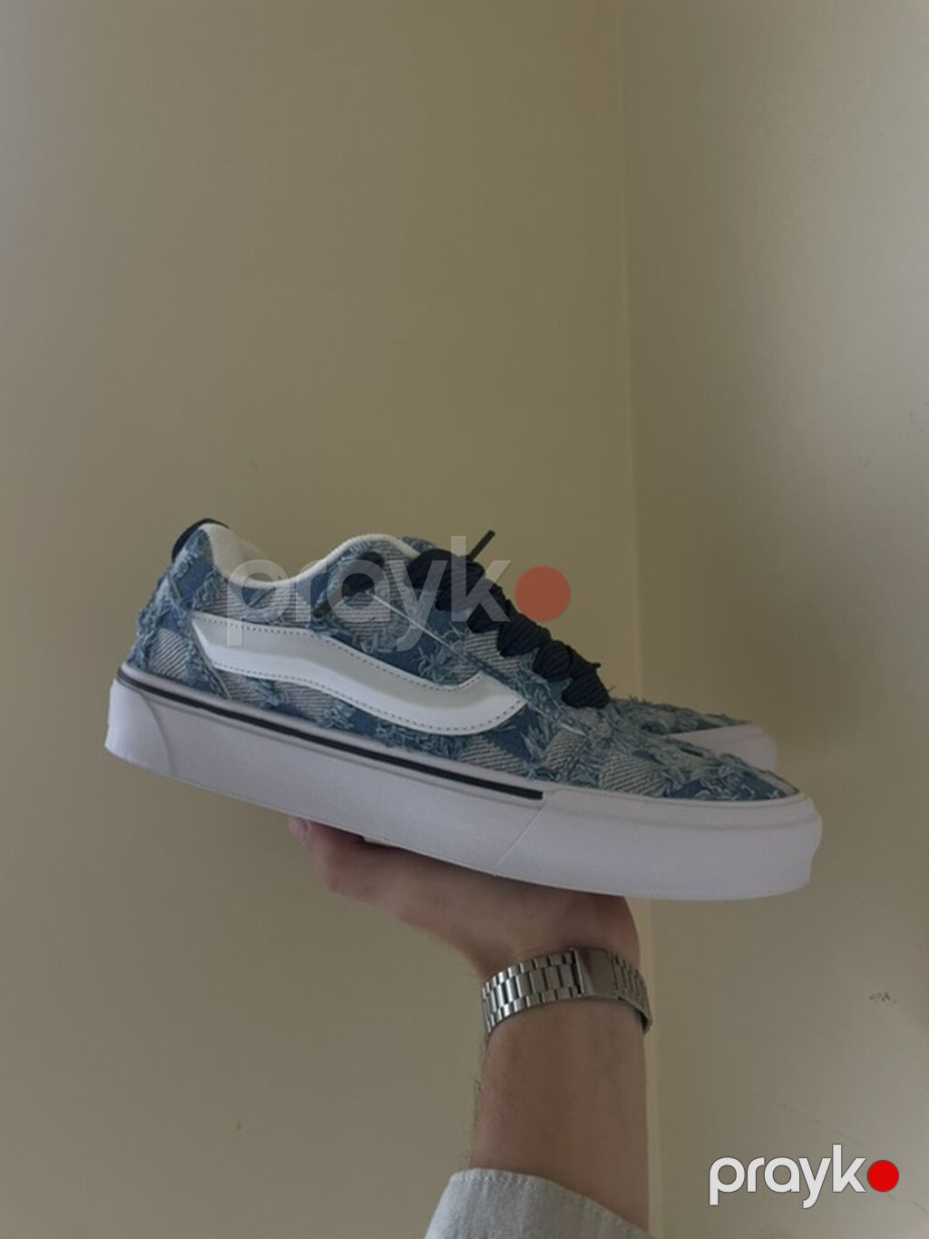 Vans Old Skool – mavi ağ dama naxışlı, “distressed” denim üstlük — Krossovkalar, Bakı (2)