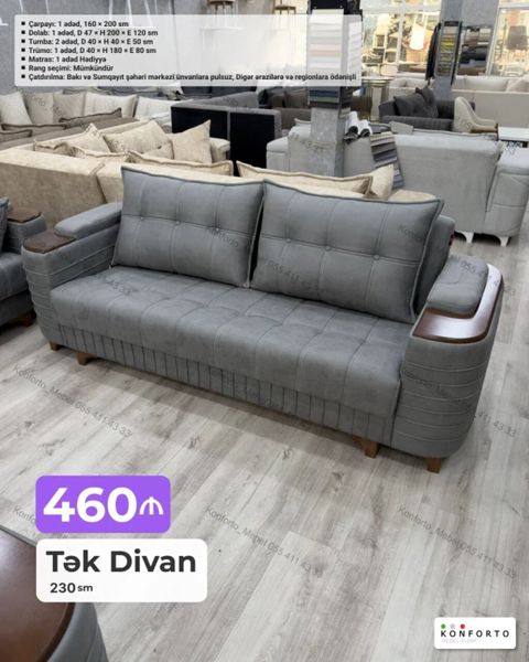 Tək Divan – 230 sm - Rəng: boz - Yumşaq, kvadrat tikişli oturacaq və — Bakı