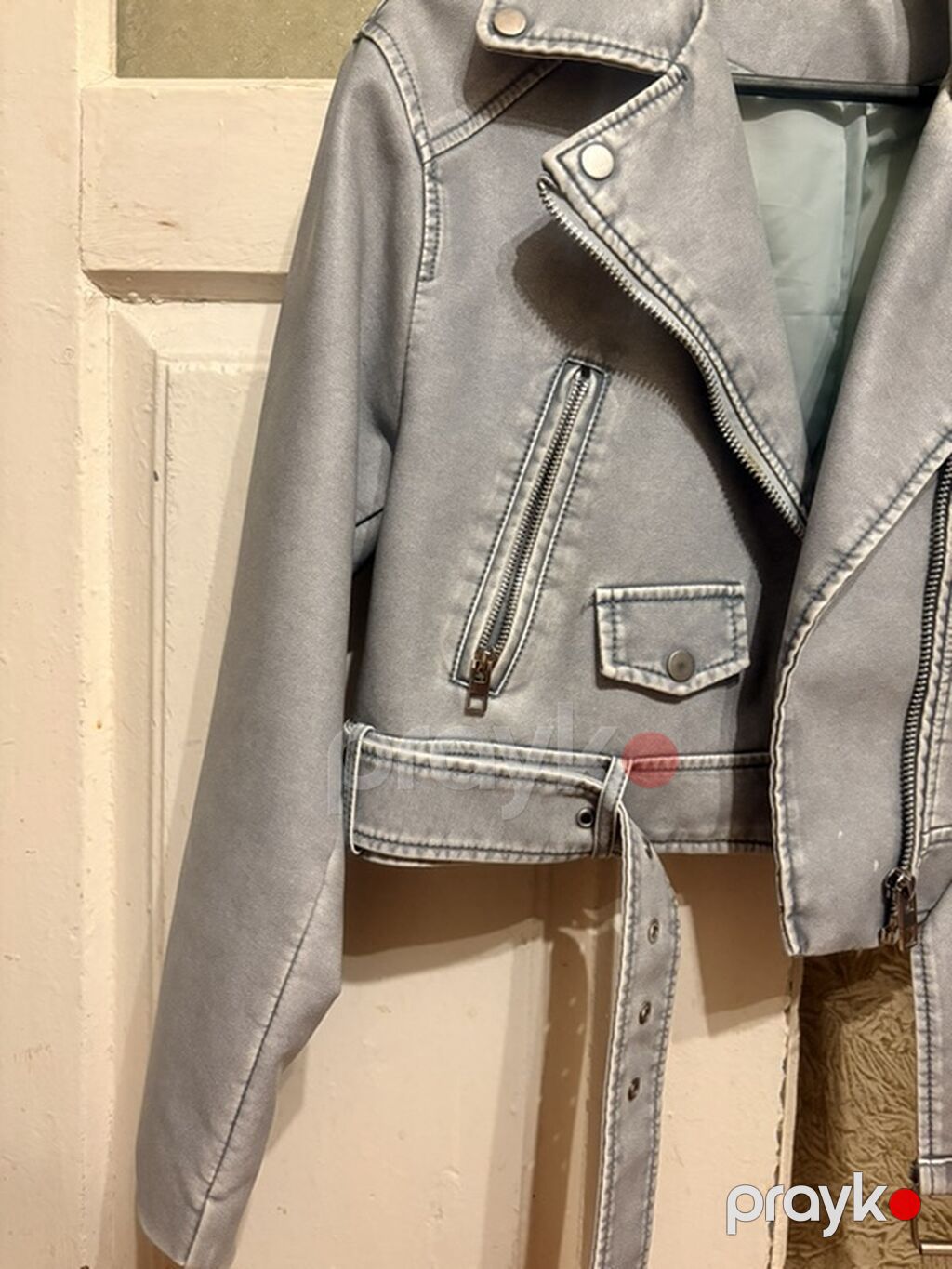 Gümüşü-boz rəngdə qısa “biker” üslublu qadın kurtkası. - Material — Jaketlər, Ucar (4)