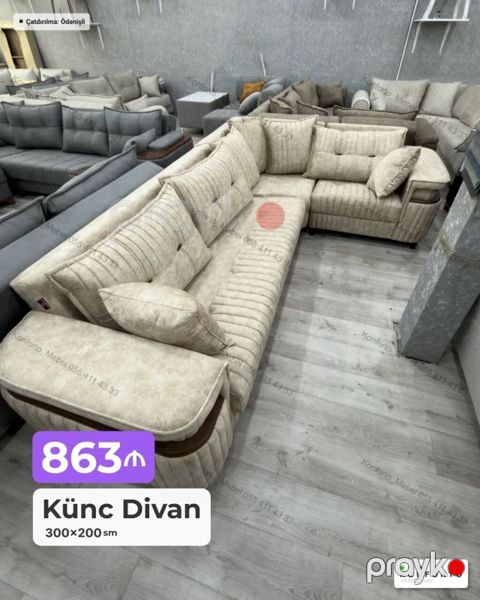 Künc Divan – 300×200 sm - Rəng: açıq bej, zolaqlı teksturaya sahib — Bakı