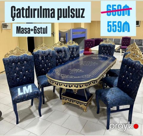 Masa + 6 stul dəsti - Rəng: tünd mavi/golden detallı - Dizayn — Sumqayıt