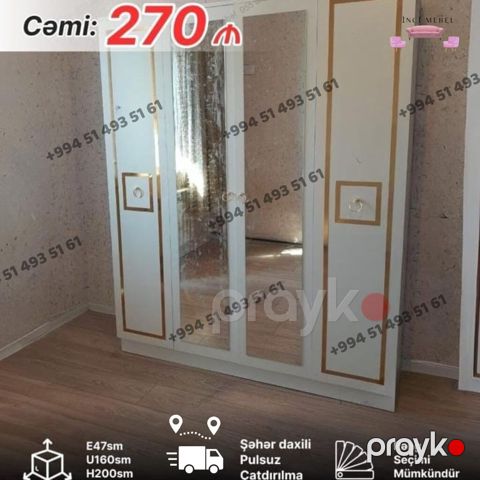 Yeni, 4 qapılı, Güzgülü, Ağ, Açılan, Düz dolab — Bakı