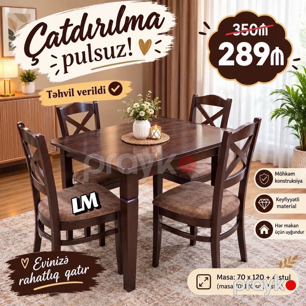 Kvadrat masa, Qonaq otağı üçün, 6 nəfər — Masalar və stullar, Bakı (2)