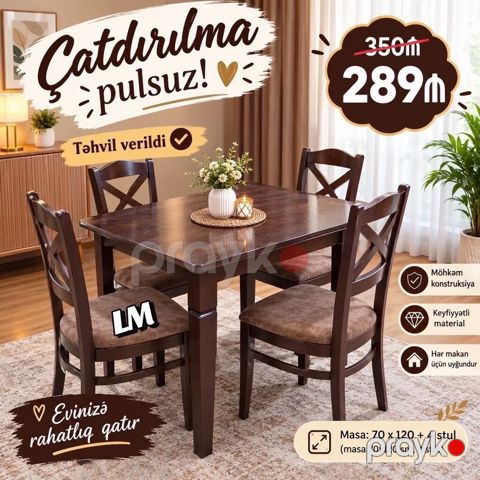 Qonaq otağı üçün, Yeni, Dördbucaq masa, 4 stul — Digah