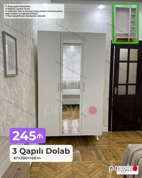 3 qapılı şkaf – 47×200×120 sm - Rəng seçimi: mümkündür - Material: 18 — Bakı