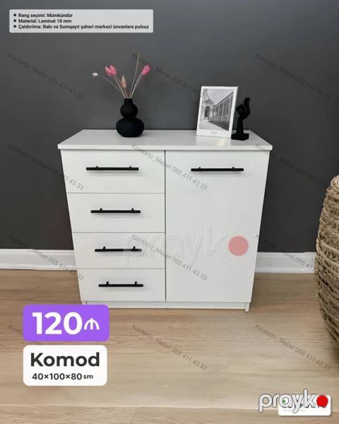Ağ rəngdə, minimalist dizaynlı komod. Ölçülər: 40×100×80 sm. Sol — Bakı