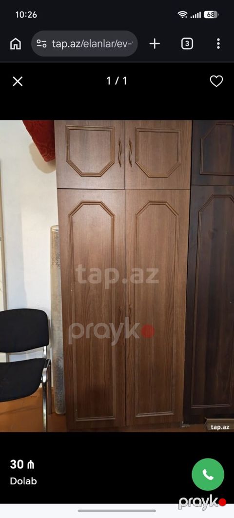 İşlənmiş, 4 qapılı, Qəhvəyi, Taxta, Açılan, Düz dolab — Bakı