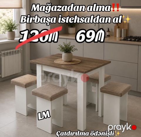 Mətbəx üçün masa və 4 taburet dəsti - Dizayn: ağ karkaslı masa, ağac — Bakı