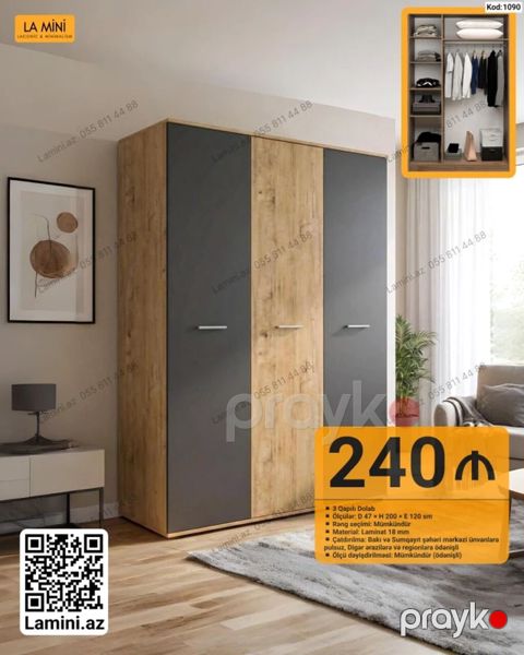 3 qapılı dolab - Ölçülər: D 47 H 200 E 120 sm - Material: Laminat — Bakı