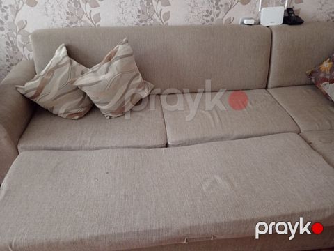 Bej rəngli künc divan - Yumşaq toxumalı, neytral bej parça üzlük — Bakı