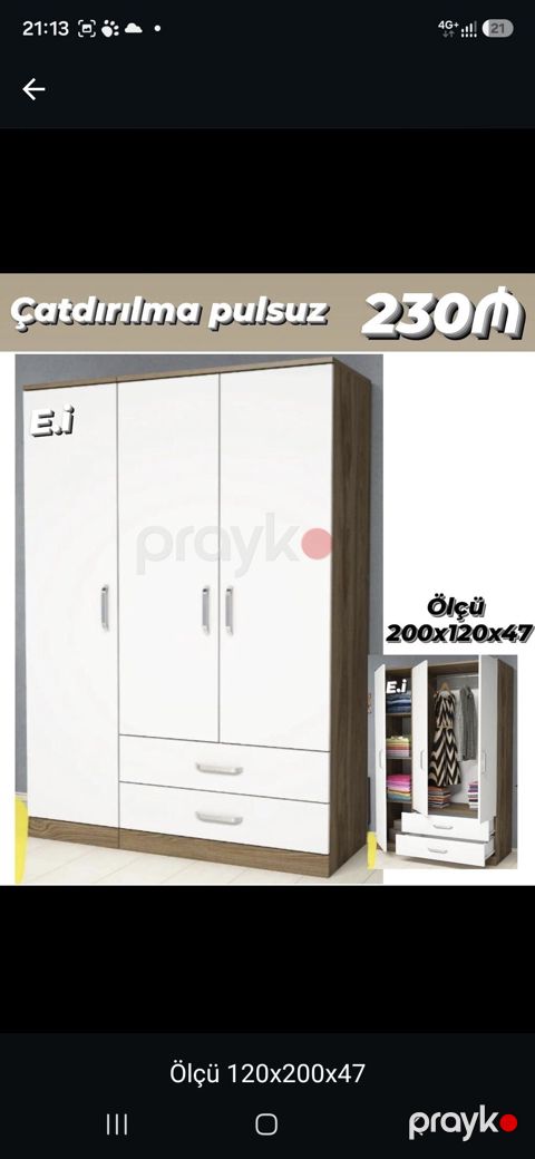 Üç qapılı paltar şkafı - Ölçü: 200 x 120 x 47 sm (şəkildə göstərilib) — Mehdiabad