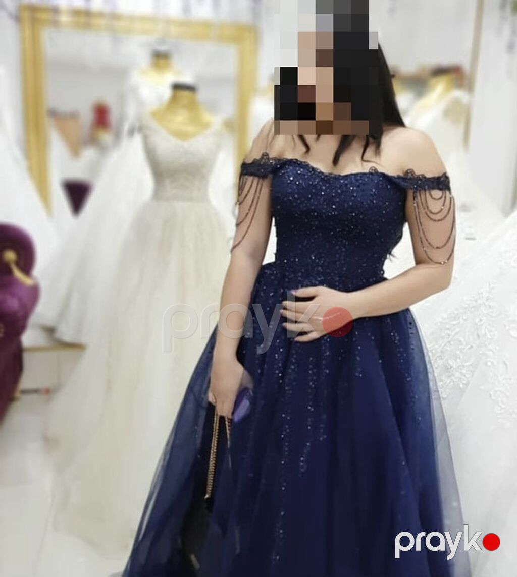 Tünd göy rəngli gecə/libas - Model: “off-shoulder” – açıq çiyinli — Axşam paltarları, Bakı (2)