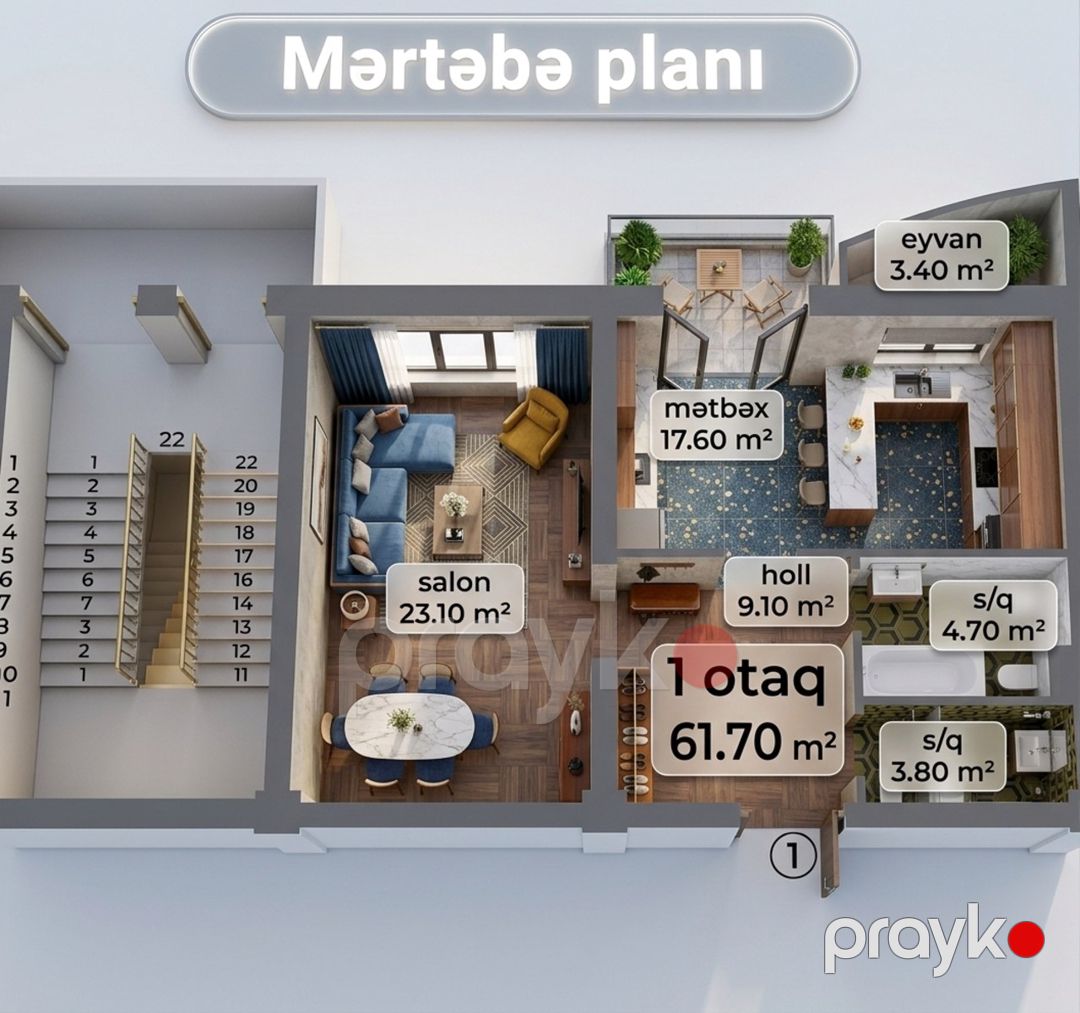 Satılır 1 otaqlı yeni tikili 61.7 m² — Mənzil, Bakı (5)