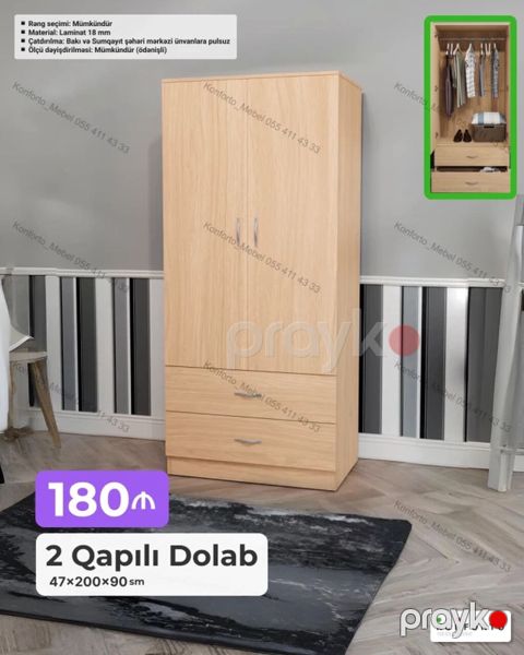 2 qapılı geyim dolabı — ölçü: 47×200×90 sm - Material: 18 mm laminat — Bakı