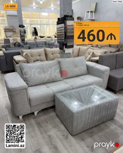 Divan – ölçü: 230 sm - Rəng: açıq boz - Dizayn: yumşaq toxumalı — Bakı