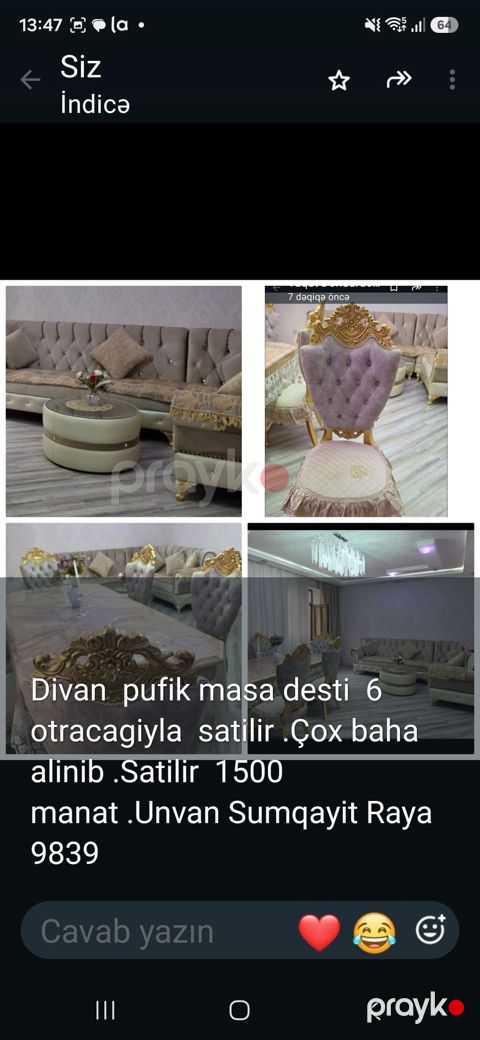 Dəst: divan, pufik və masa dəsti, 6 oturacağı ilə. Təsvir: - Klassik — Sumqayıt