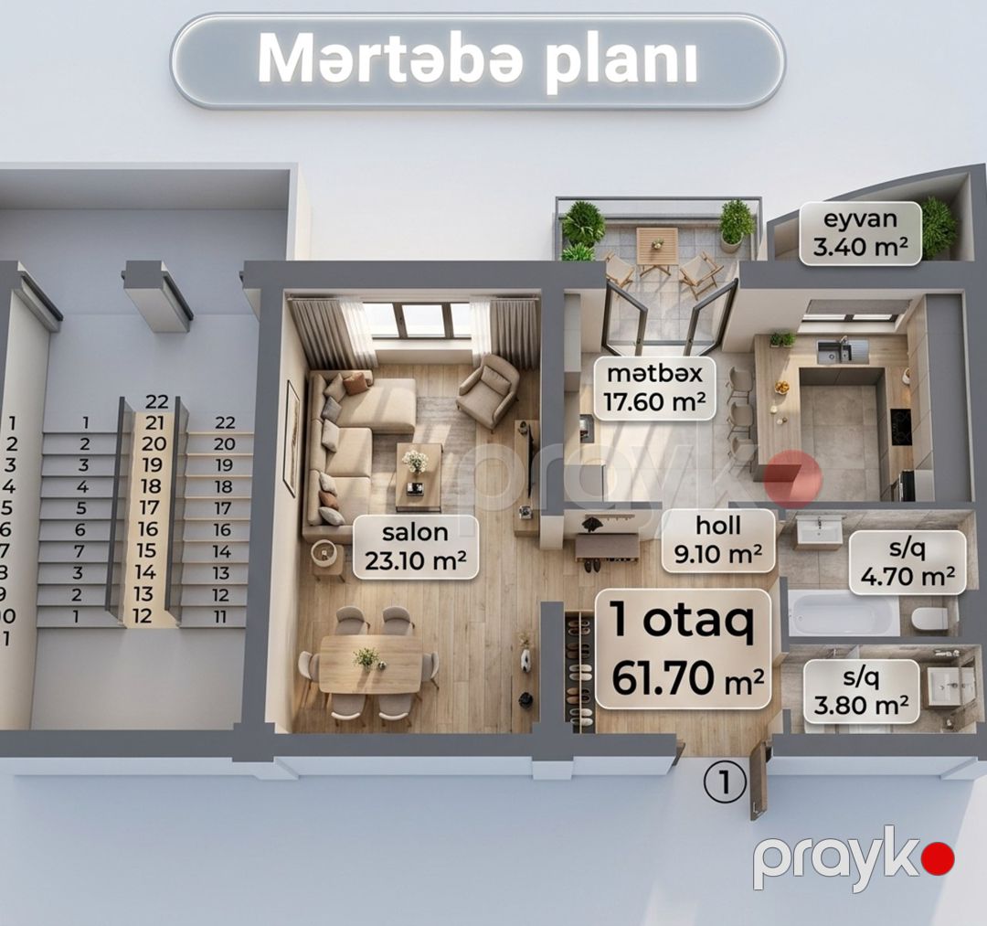 Satılır 1 otaqlı yeni tikili 61.7 m² — Mənzil, Bakı (6)