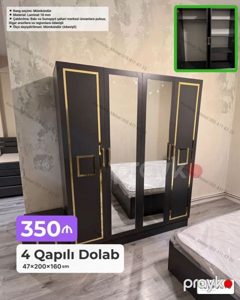 4 qapılı paltar dolabı – 47×200×160 sm - Dizayn: Tünd rəngli korpus — Bakı