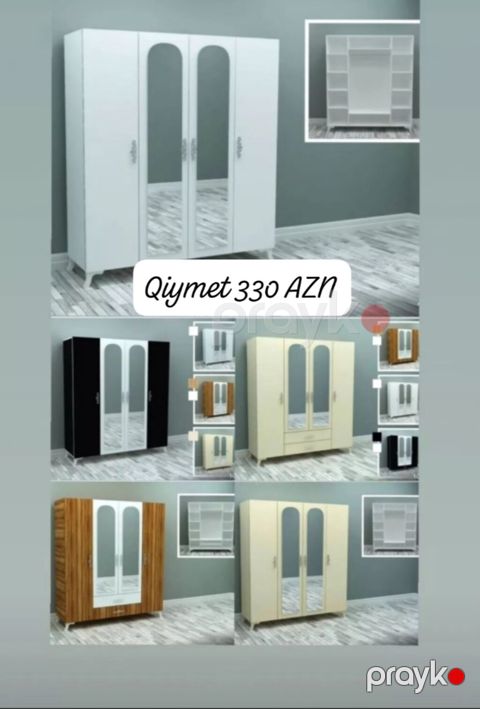 Yeni, 4 qapılı, Güzgülü, Ağ, Açılan, Düz dolab — Bakı