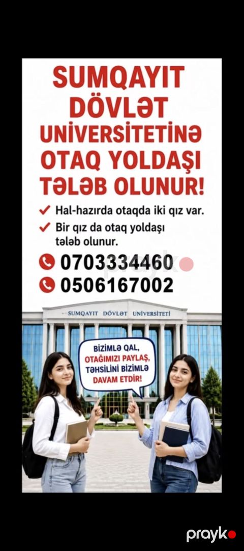 Sumqayıt Dövlət Universitetinə yaxın mənzildə otaq yoldaşı axtarılır — Biləsuvar